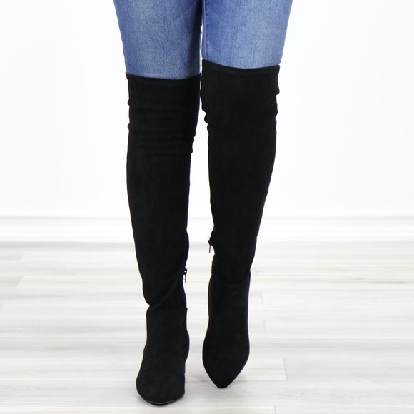 Pointy Toe Over The Knee Black Boots Faux Suede - Picture 15 of 16